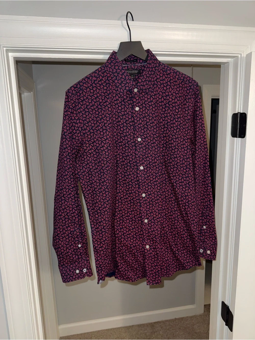 Banana Republic Men's Red and Blue Micro-Print Button-Down Shirt